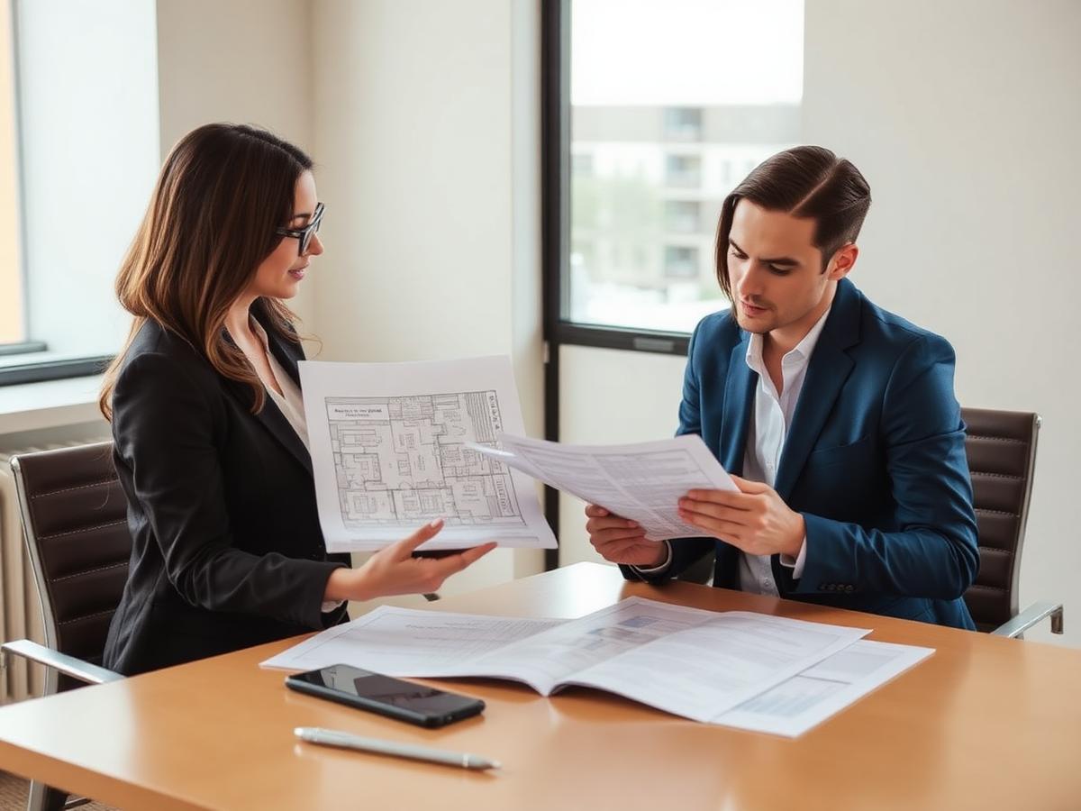Real estate advisors reviewing property floor plans and investment documents